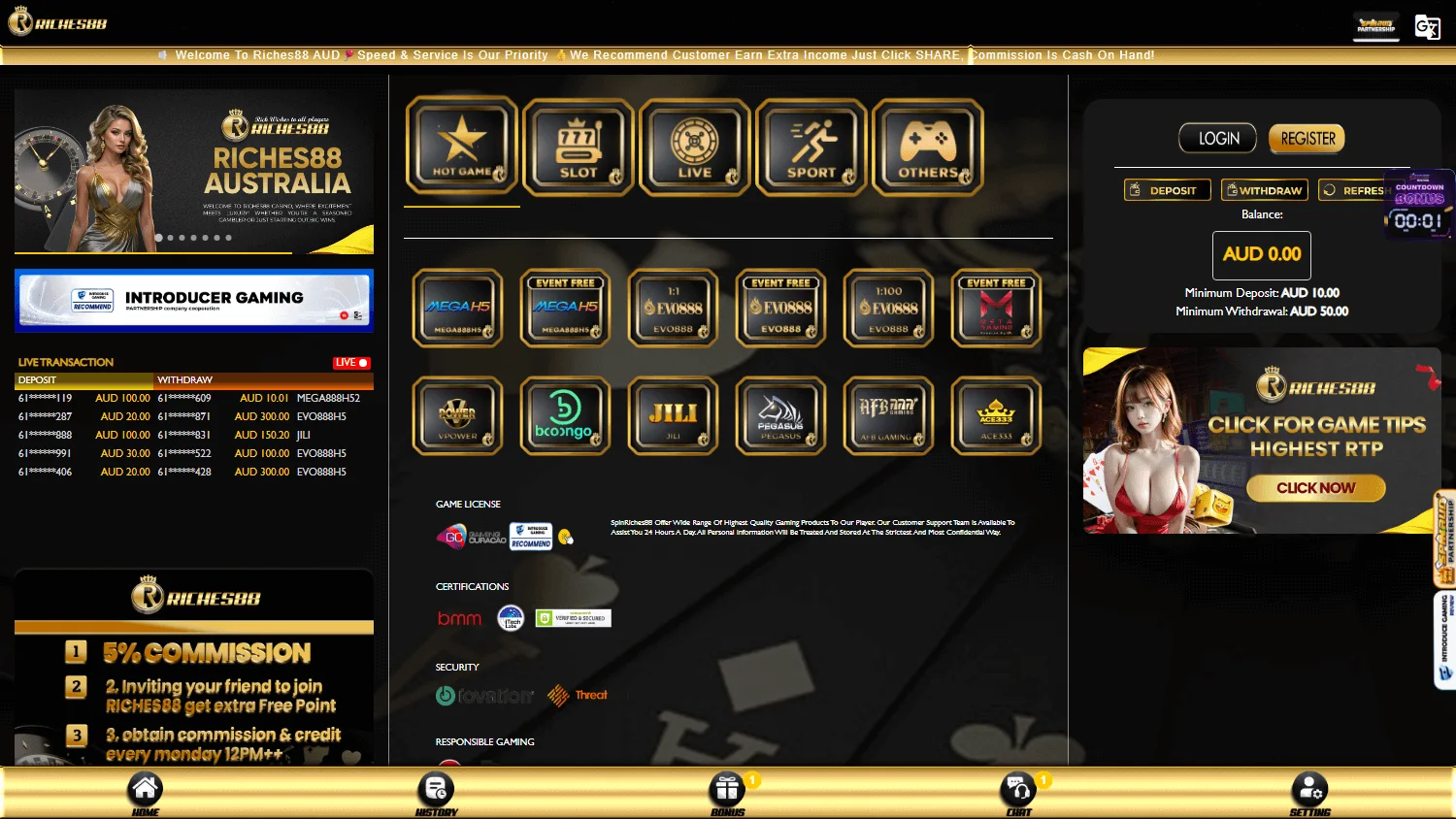 Riches88 Casino homepage on desktop